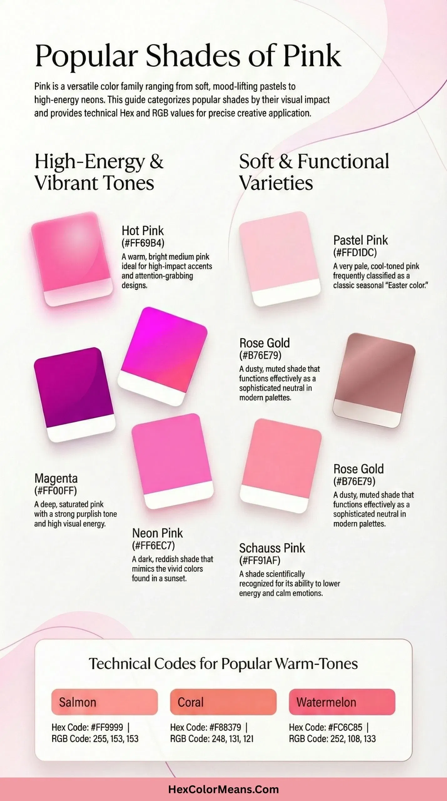 image showing popular shades of pink color with hex, rgb, cmyk values