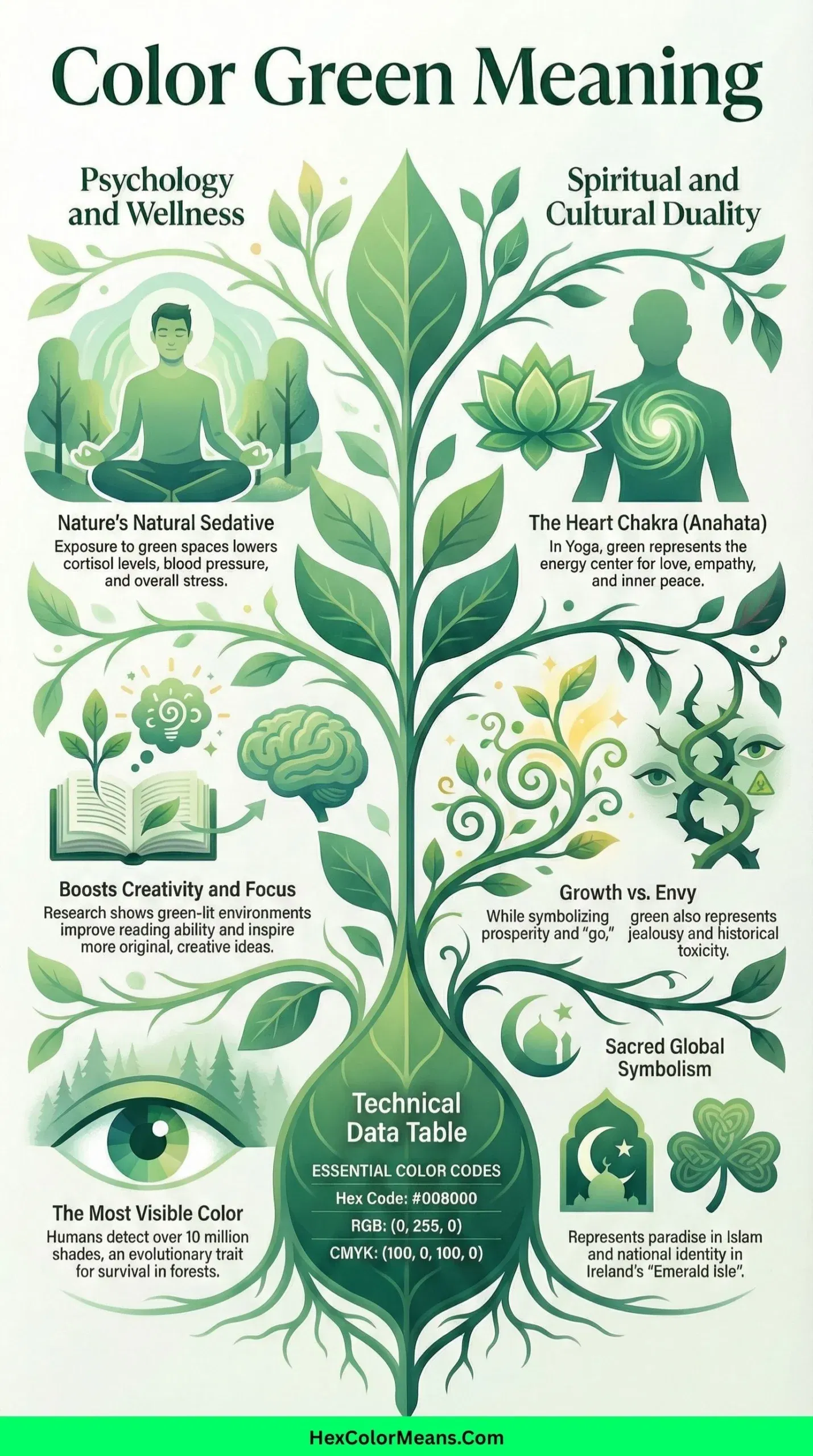 infographic showing color green meaning, codes, symbolism, psychology