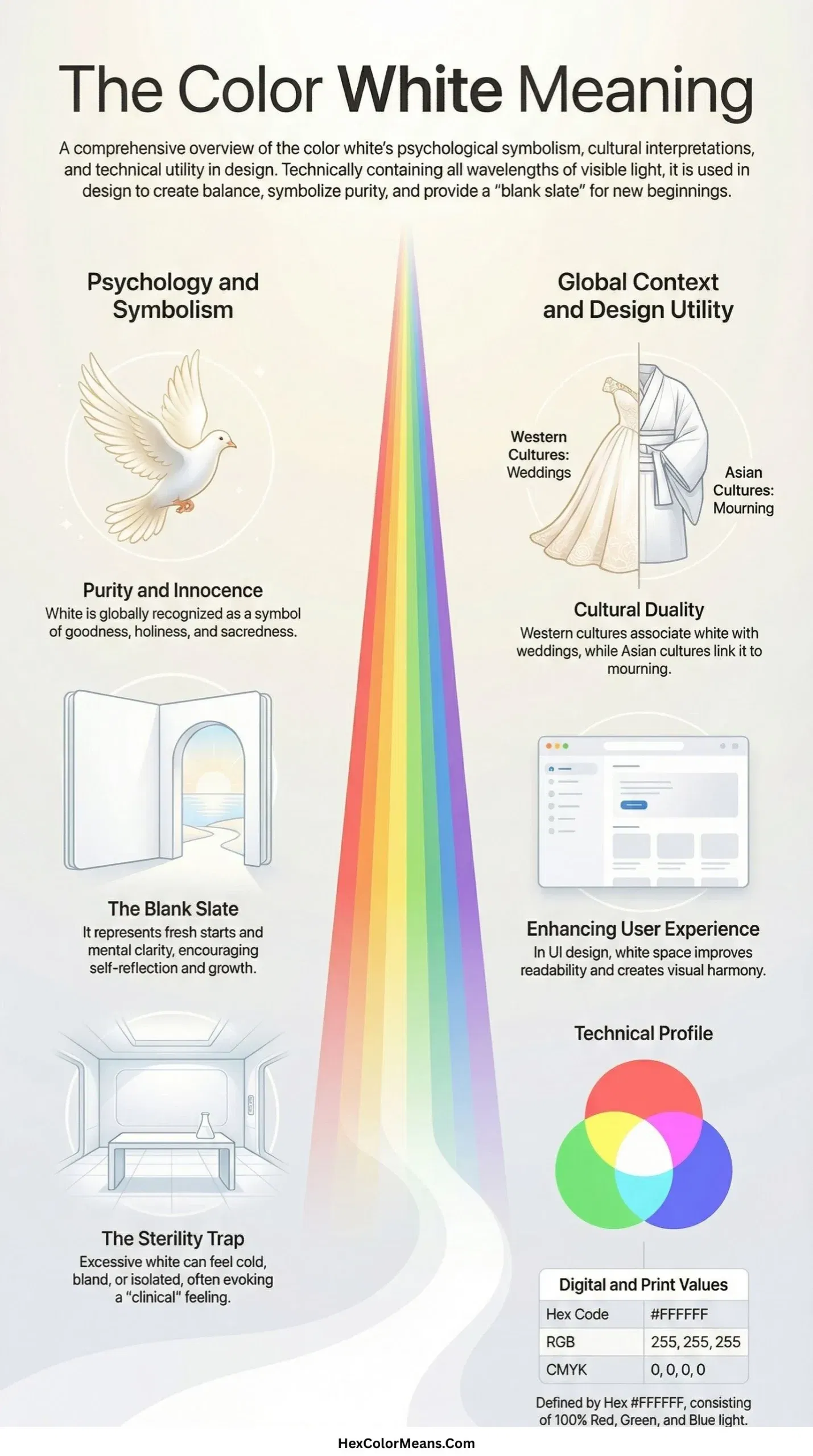 infographic showing color white meaning in different aspects, along with hex, rgb, cmyk values