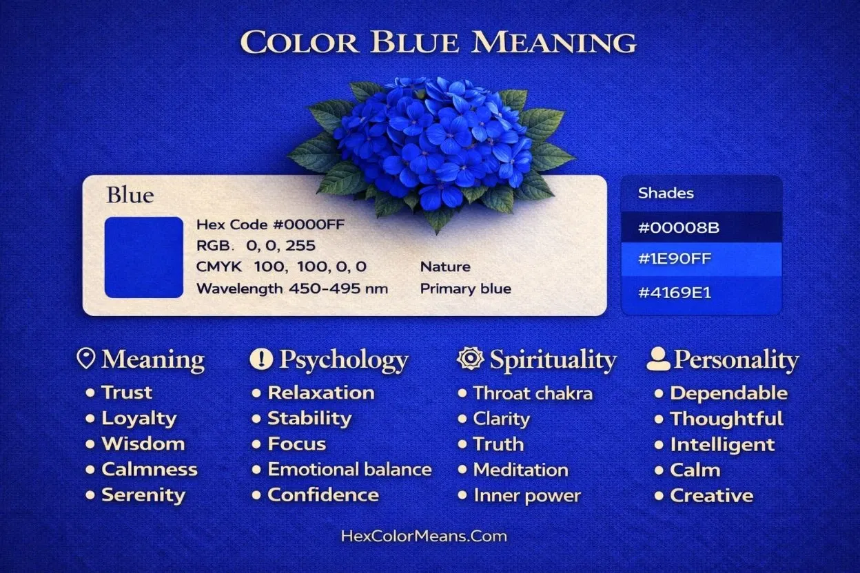 infographic showing meaning of color blue in psychology, spirituality, and color codes