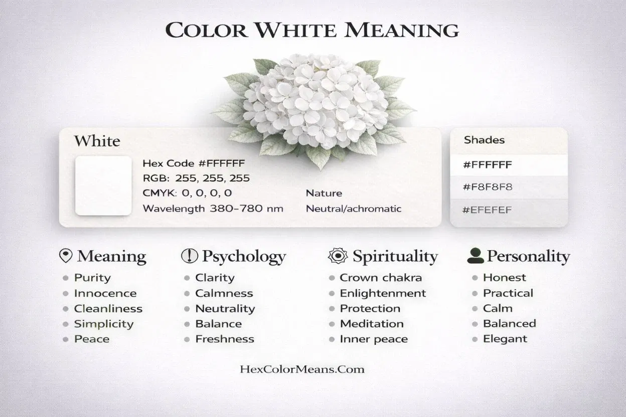 infographic showing meaning of color white in psychology, spirituality, and color codes
