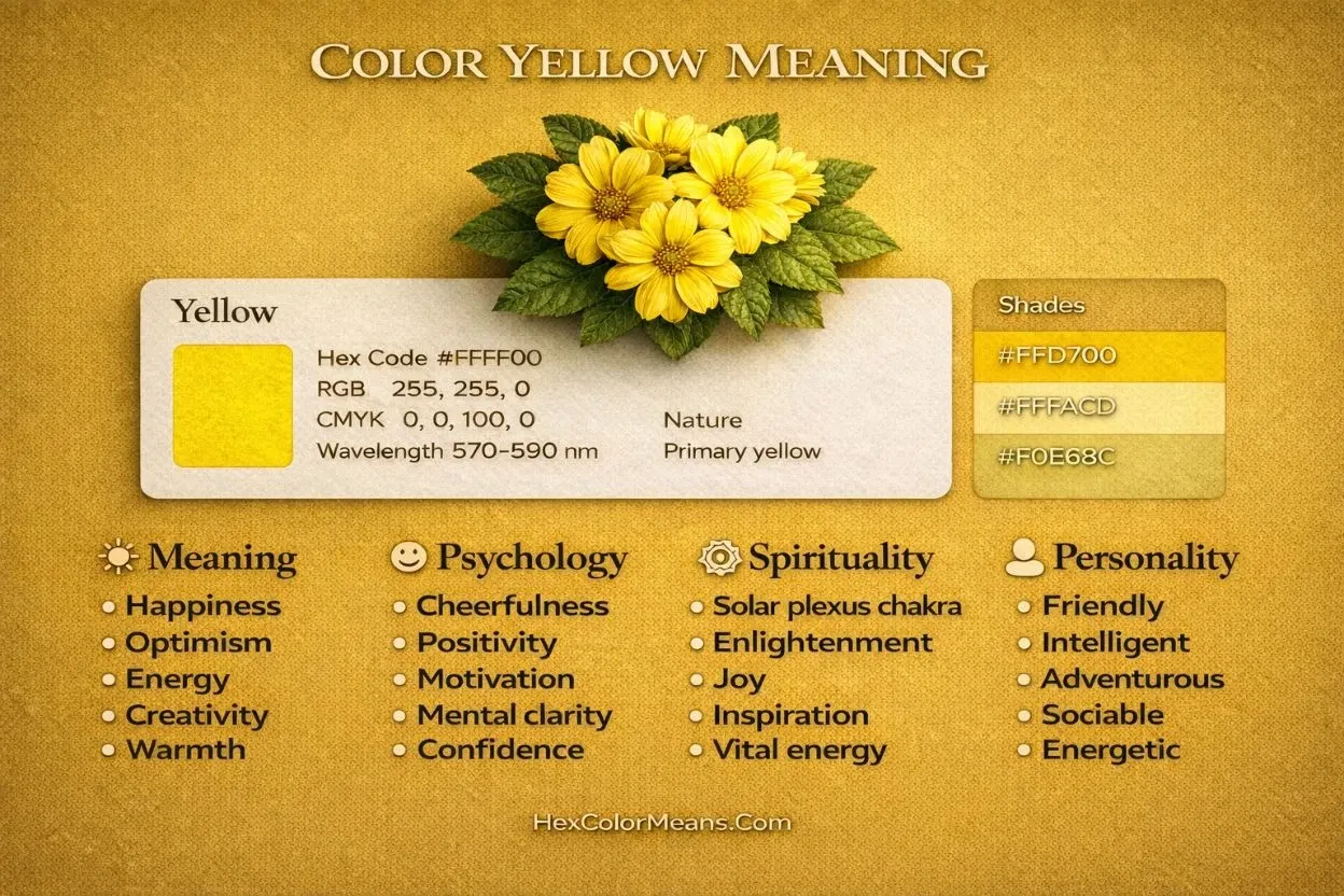 infographic showing meaning of color yellow in psychology, spirituality, and color codes
