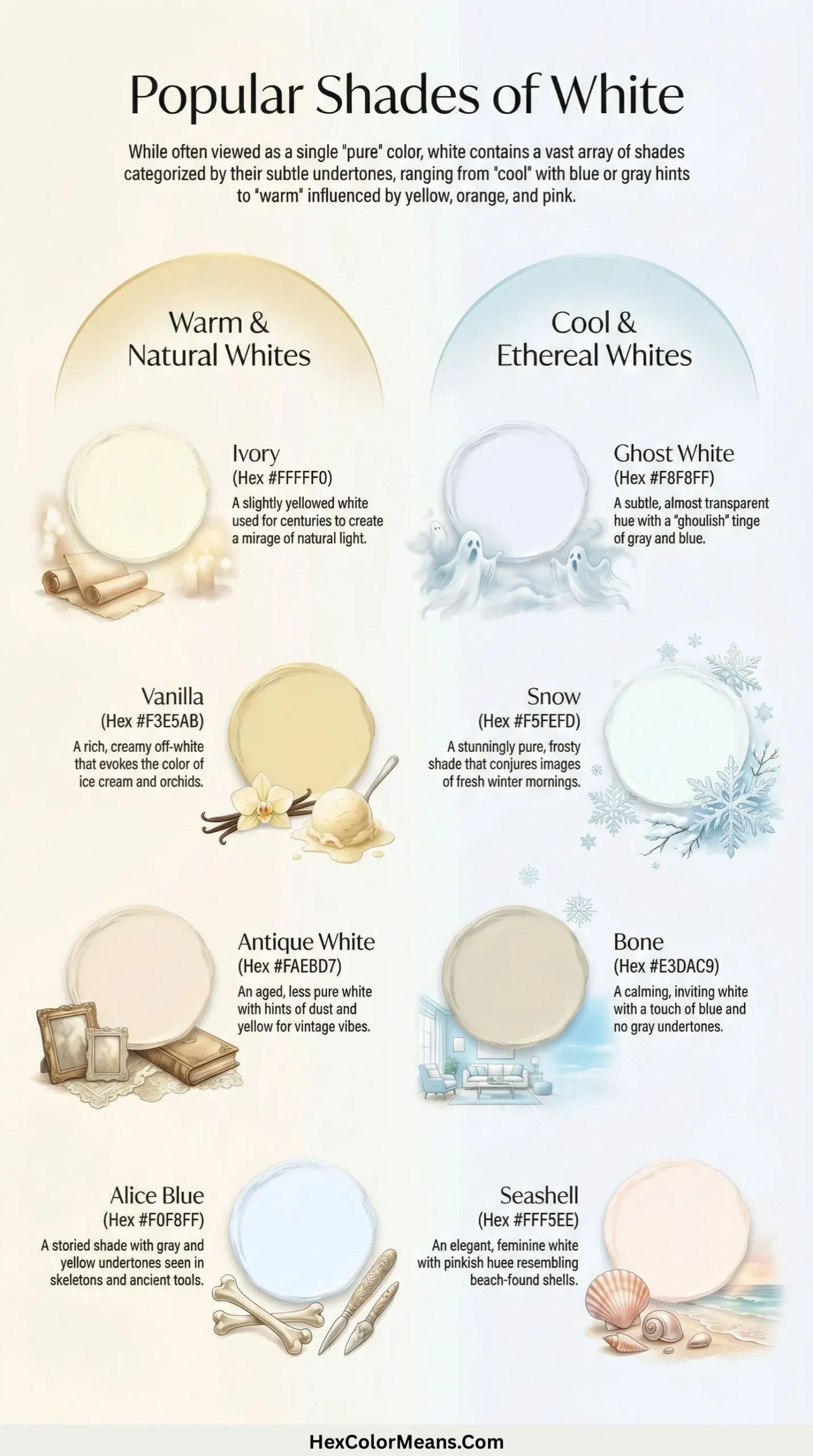 infographic showing popular shades of white color