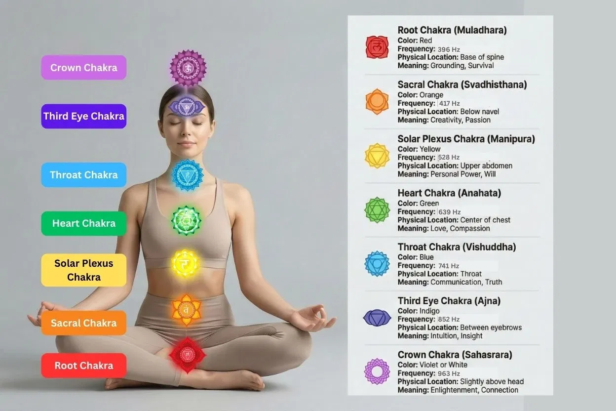 infographic showing the seven chakra colors, meanings, functions, and locations