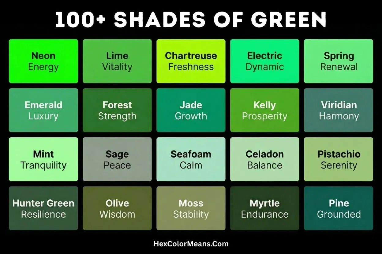 more than 100 popular shades of green color
