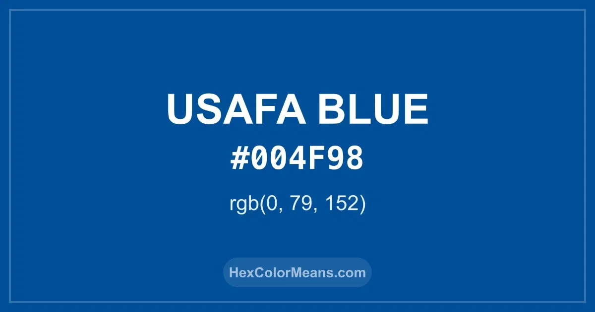 Clear image showing USAFA Blue color swatch with hex value #004F98 and RGB value (0,79,152)