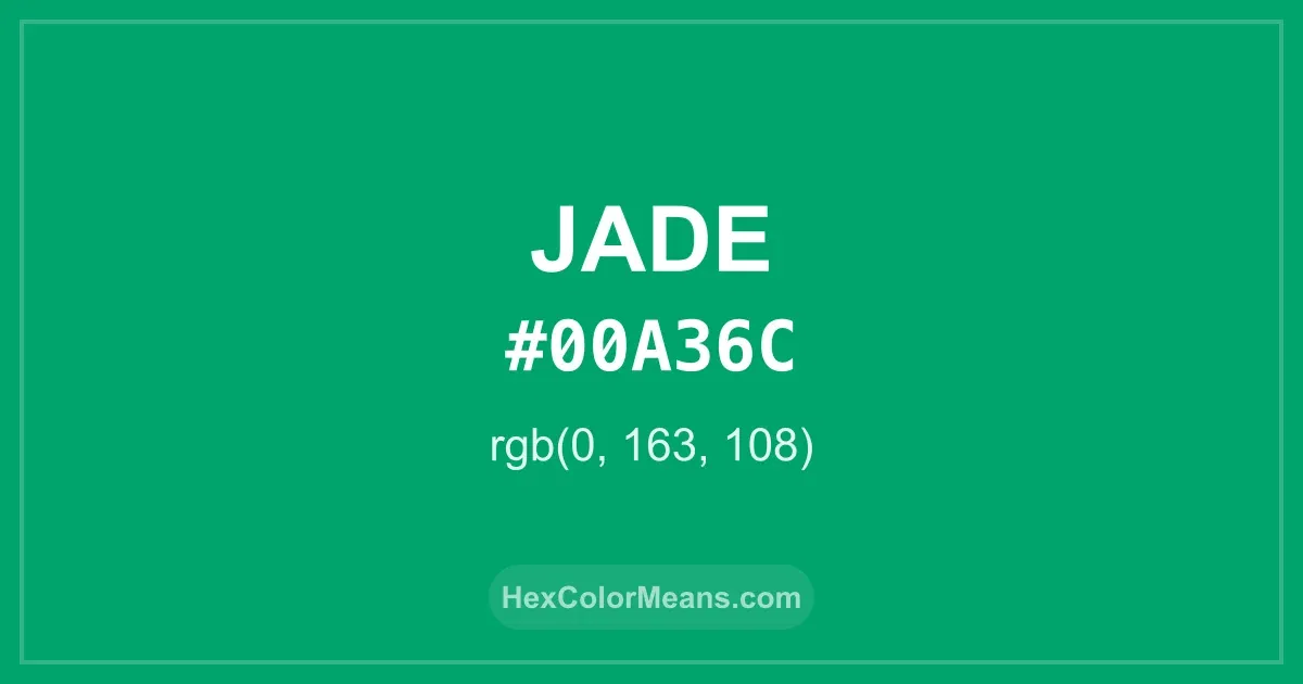 Clear image showing Jade color swatch with hex value #00A36C and RGB value (0,163,108)