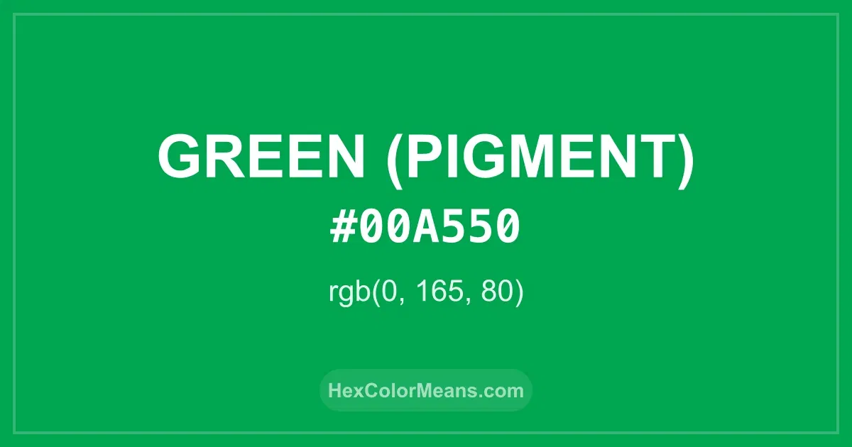 Clear image showing Green (Pigment) color swatch with hex value #00A550 and RGB value (0,165,80)