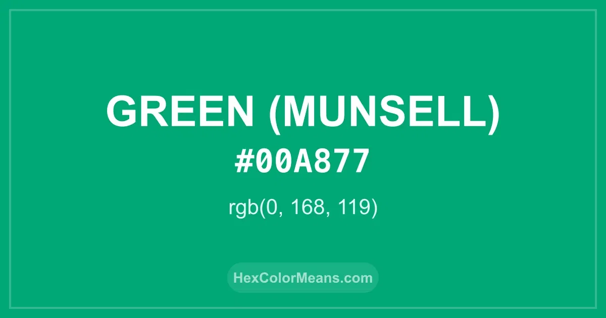 Clear image showing Green (Munsell) color swatch with hex value #00A877 and RGB value (0,168,119)