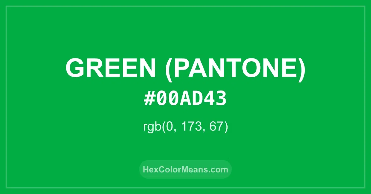 Clear image showing Green (Pantone) color swatch with hex value #00AD43 and RGB value (0,173,67)