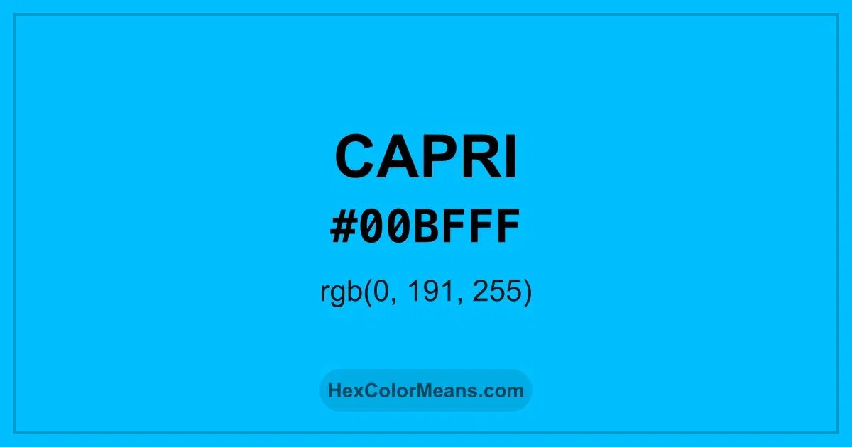 Clear image showing Capri color swatch with hex value #00BFFF and RGB value (0,191,255)