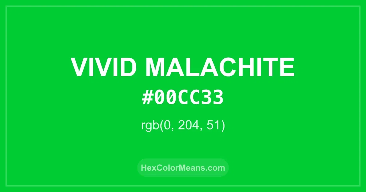 Clear image showing Vivid Malachite color swatch with hex value #00CC33 and RGB value (0,204,51)