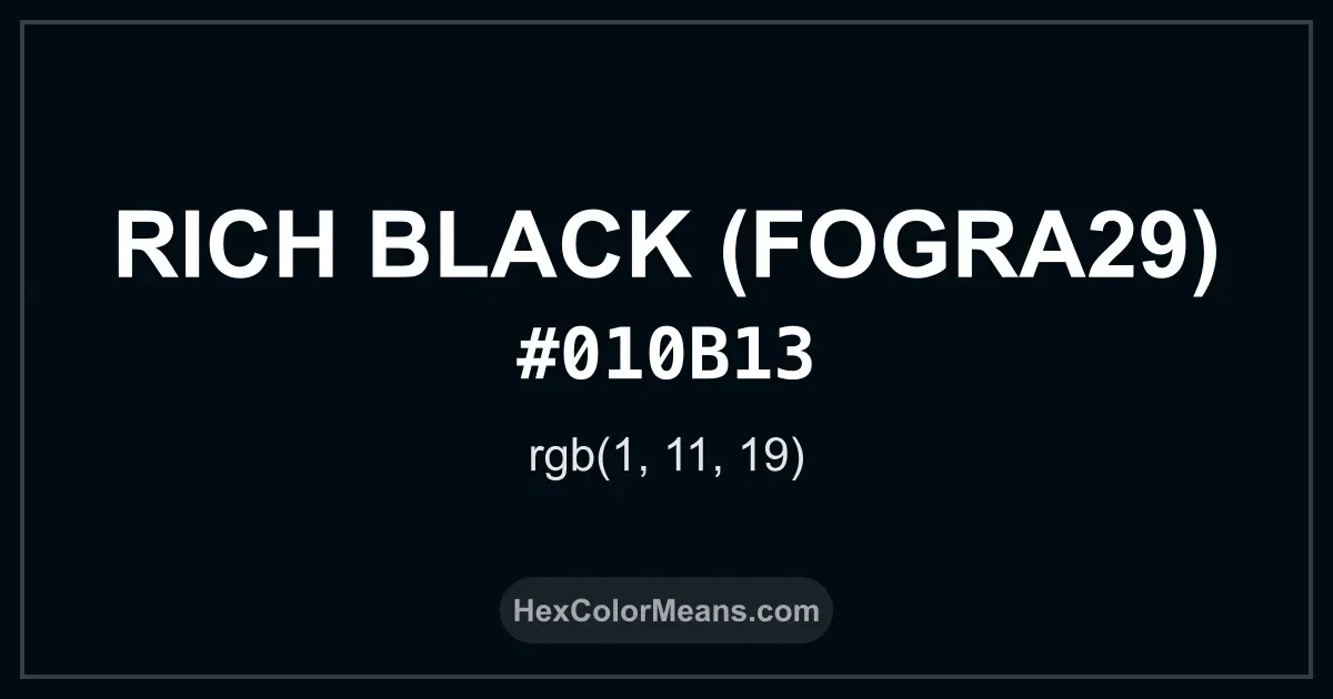 Clear image showing Rich Black (FOGRA29) color swatch with hex value #010B13 and RGB value (1,11,19)