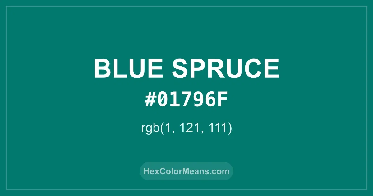 Clear image showing Blue Spruce color swatch with hex value #01796F and RGB value (1,121,111)