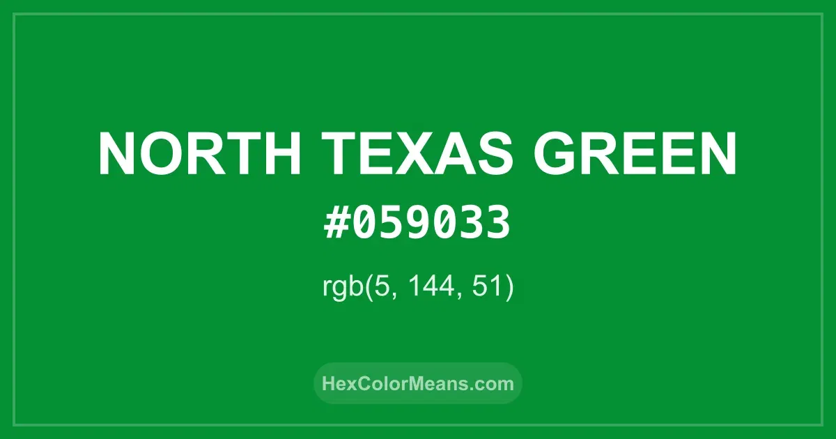 Clear image showing North Texas Green color swatch with hex value #059033 and RGB value (5,144,51)