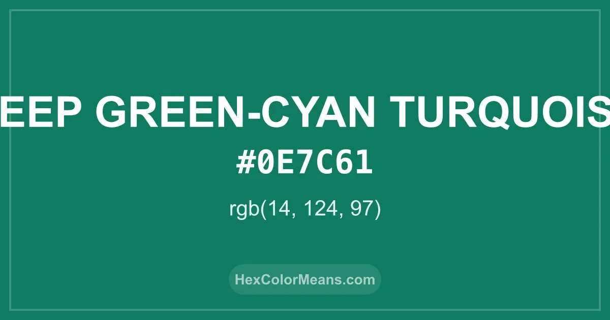 Clear image showing Deep Green-Cyan Turquoise color swatch with hex value #0E7C61 and RGB value (14,124,97)