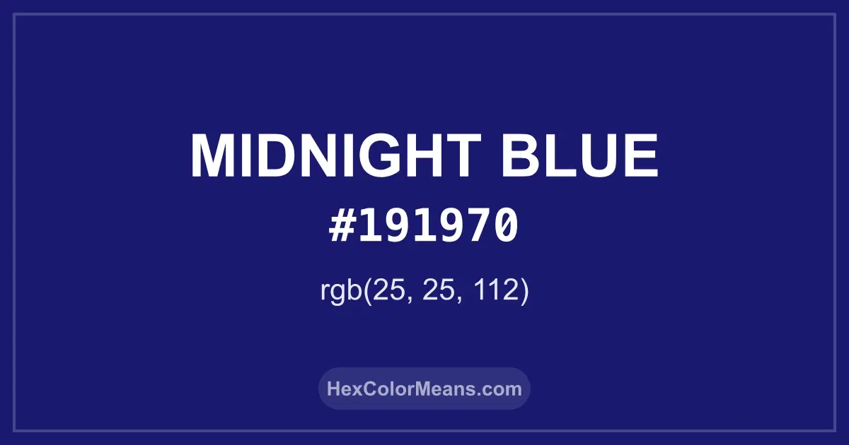 Clear image showing Midnight Blue color swatch with hex value #191970 and RGB value (25,25,112)