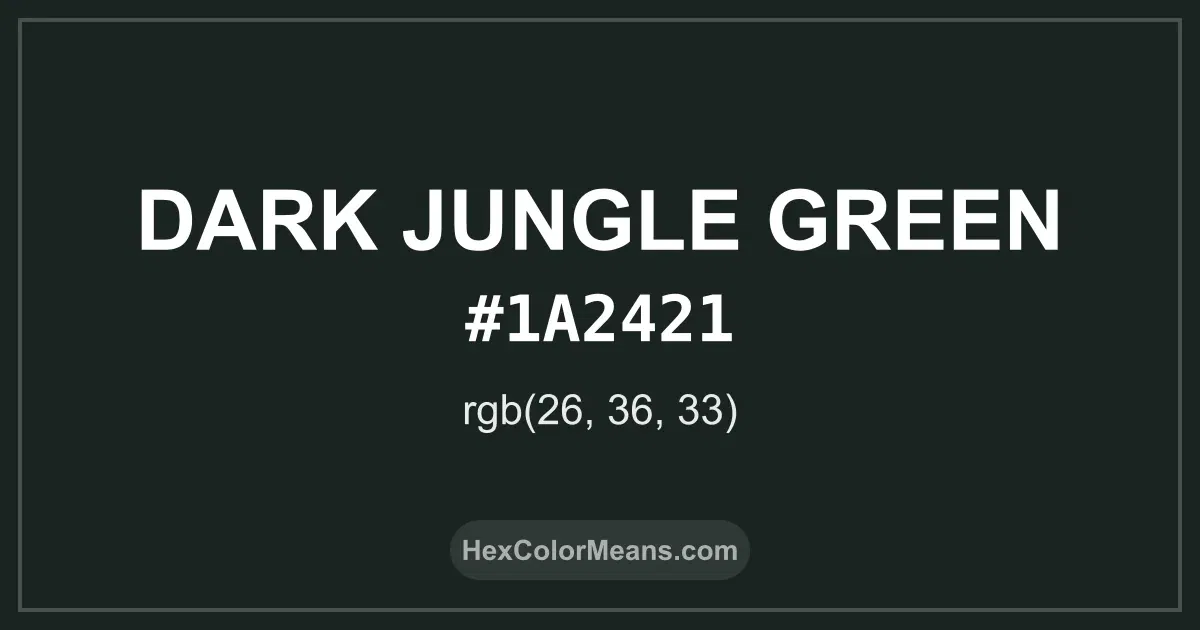 Clear image showing Dark Jungle Green color swatch with hex value #1A2421 and RGB value (26,36,33)