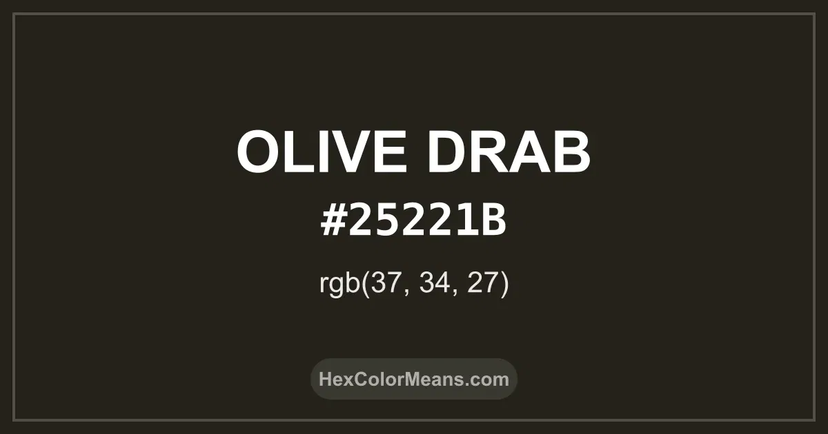 Clear image showing Olive Drab color swatch with hex value #25221B and RGB value (37,34,27)