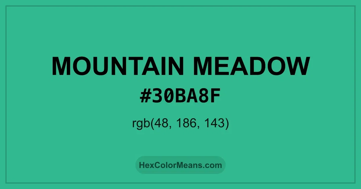 Clear image showing Mountain Meadow color swatch with hex value #30BA8F and RGB value (48,186,143)