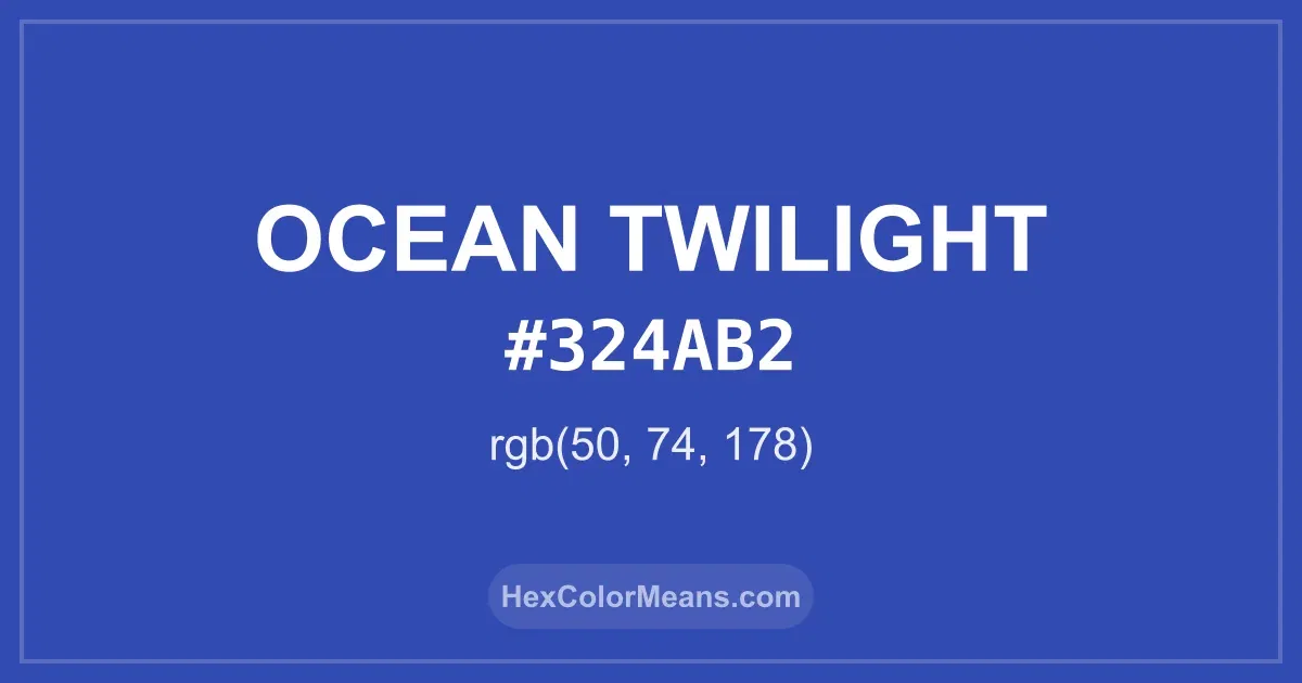 Clear image showing Ocean Twilight color swatch with hex value #324AB2 and RGB value (50,74,178)