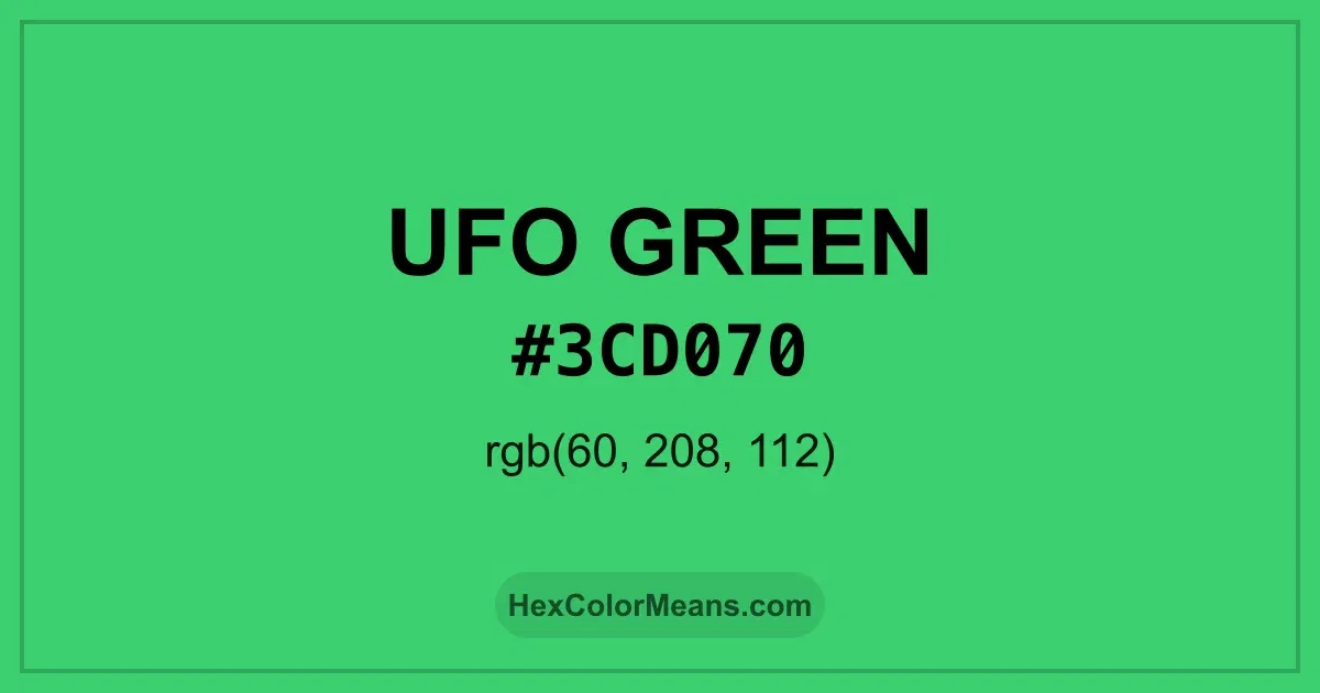 Clear image showing UFO Green color swatch with hex value #3CD070 and RGB value (60,208,112)