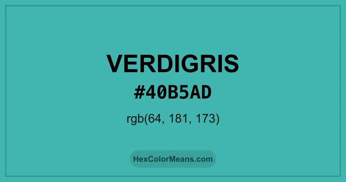 Clear image showing Verdigris color swatch with hex value #40B5AD and RGB value (64,181,173)
