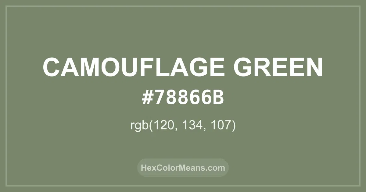 Clear image showing Camouflage Green color swatch with hex value #78866B and RGB value (120,134,107)