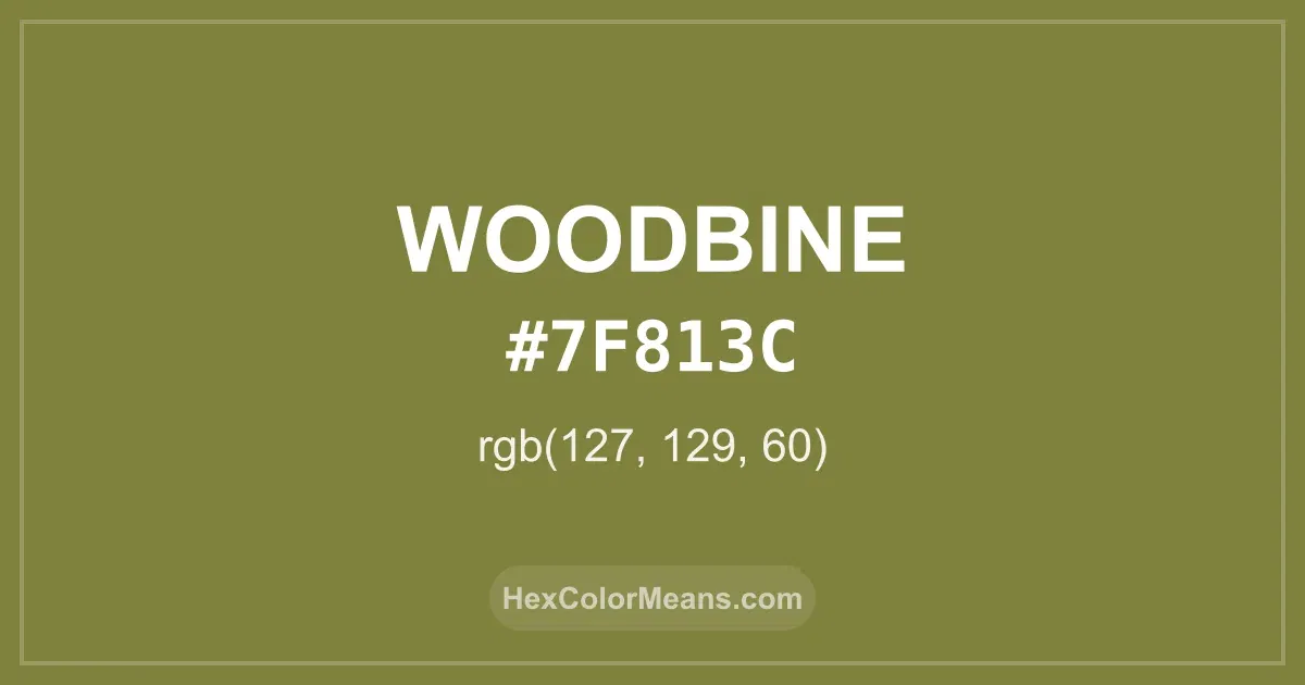 Clear image showing Woodbine color swatch with hex value #7F813C and RGB value (127,129,60)