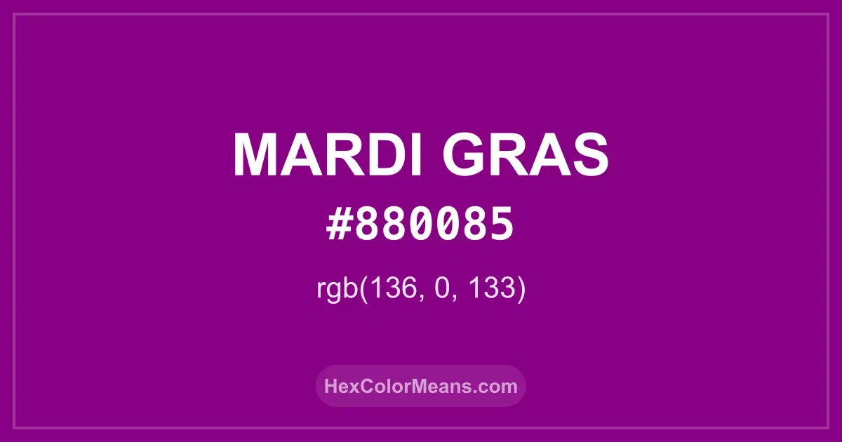 Clear image showing Mardi Gras color swatch with hex value #880085 and RGB value (136,0,133)