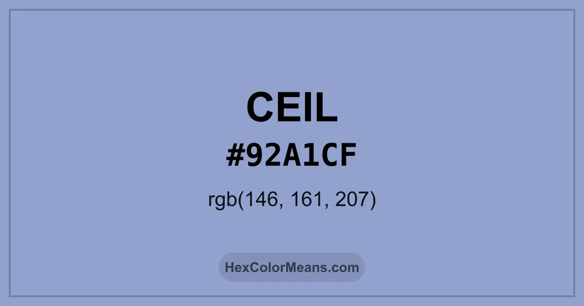 Clear image showing Ceil color swatch with hex value #92A1CF and RGB value (146,161,207)