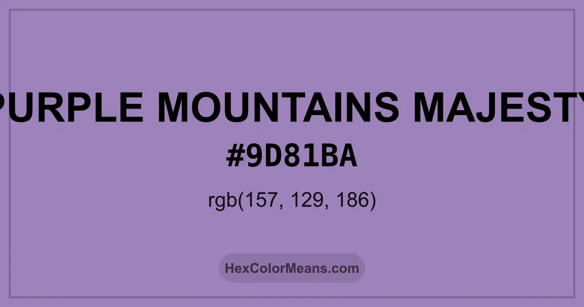 Clear image showing Purple Mountains Majesty color swatch with hex value #9D81BA and RGB value (157,129,186)