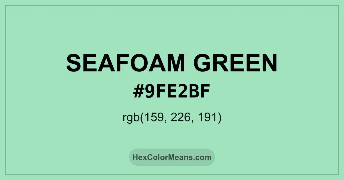 Clear image showing Seafoam Green color swatch with hex value #9FE2BF and RGB value (159,226,191)