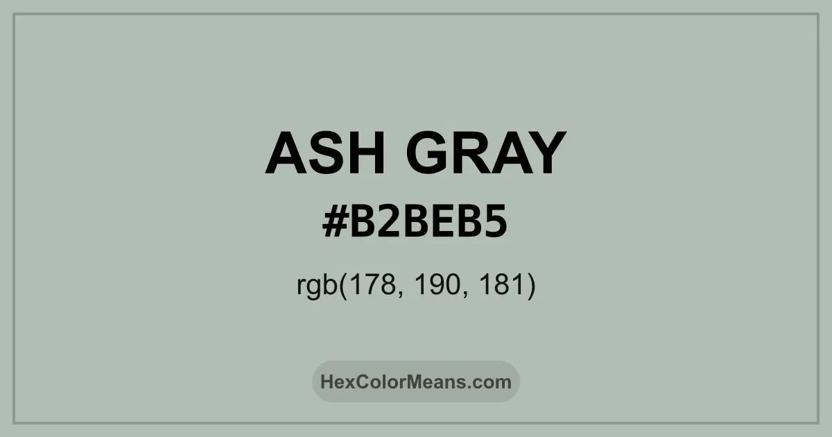 Clear image showing Ash Gray color swatch with hex value #B2BEB5 and RGB value (178,190,181)