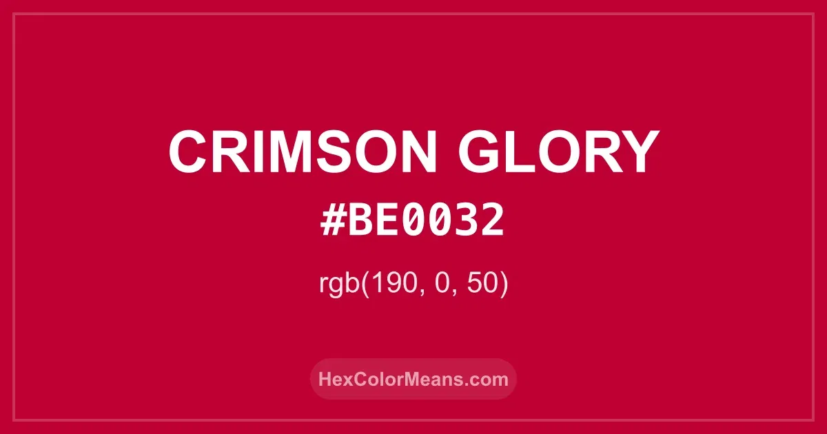 Clear image showing Crimson Glory color swatch with hex value #BE0032 and RGB value (190,0,50)