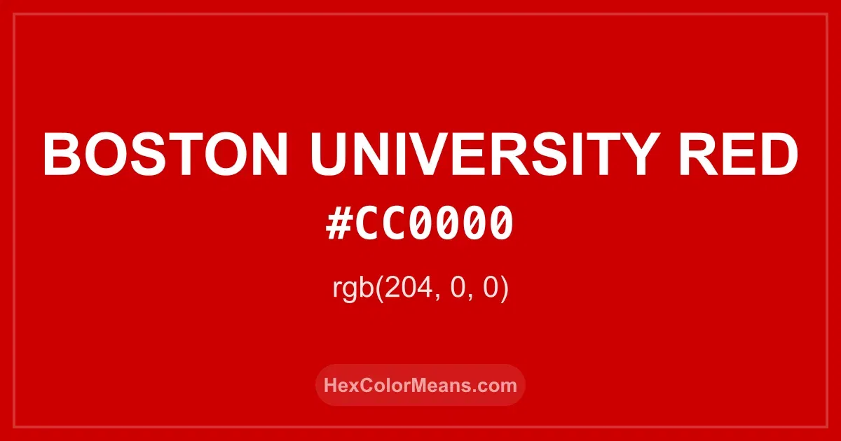 Clear image showing Boston University Red color swatch with hex value #CC0000 and RGB value (204,0,0)