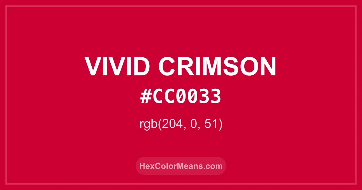 Clear image showing Vivid Crimson color swatch with hex value #CC0033 and RGB value (204,0,51)