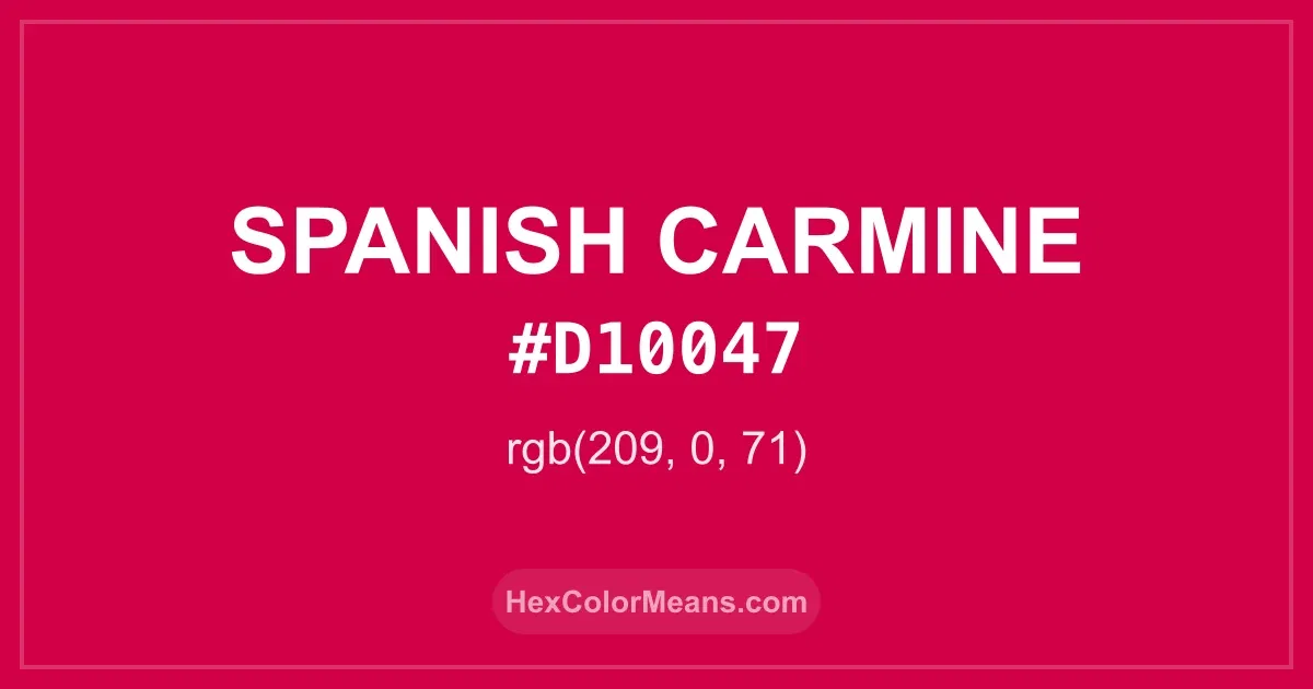 Clear image showing Spanish Carmine color swatch with hex value #D10047 and RGB value (209,0,71)