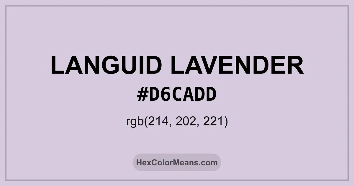 Clear image showing Languid Lavender color swatch with hex value #D6CADD and RGB value (214,202,221)