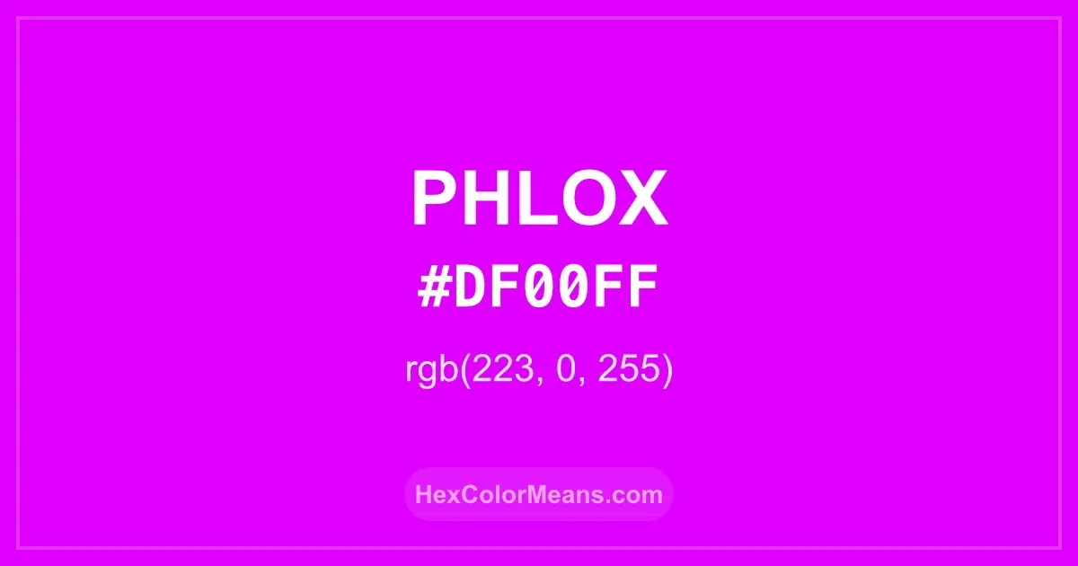 Clear image showing Phlox color swatch with hex value #DF00FF and RGB value (223,0,255)