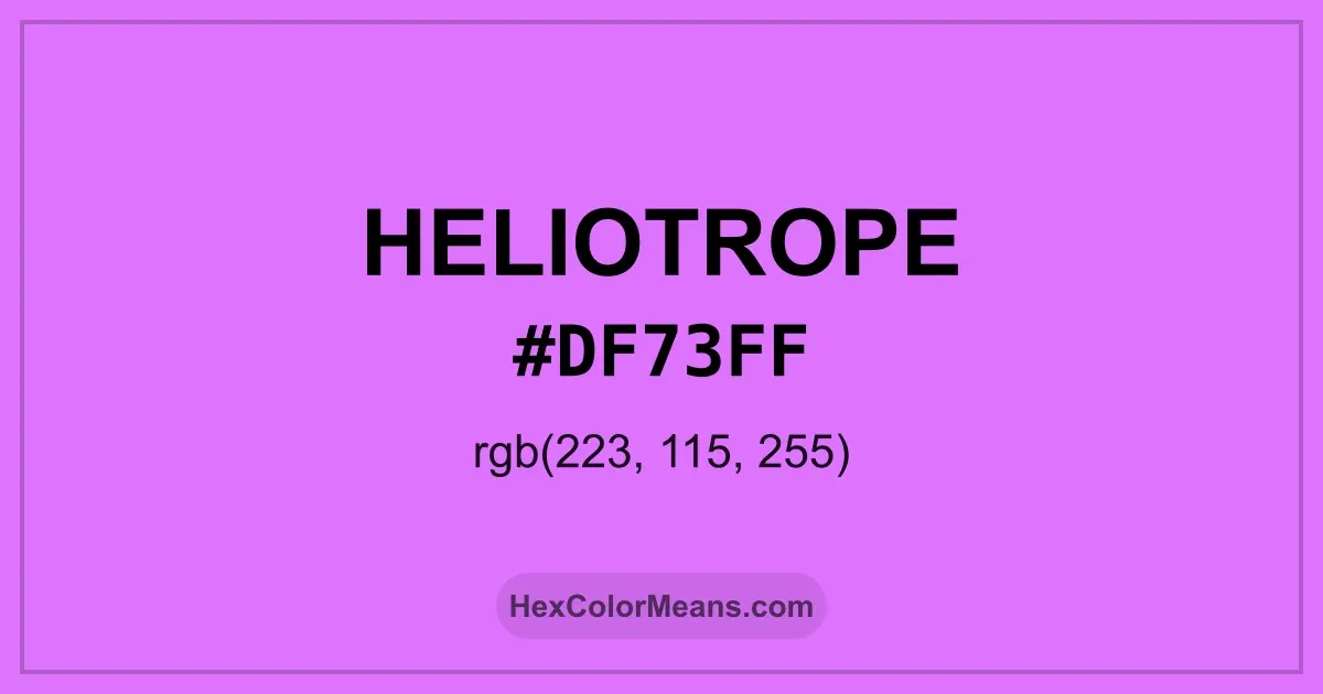 Clear image showing Heliotrope color swatch with hex value #DF73FF and RGB value (223,115,255)