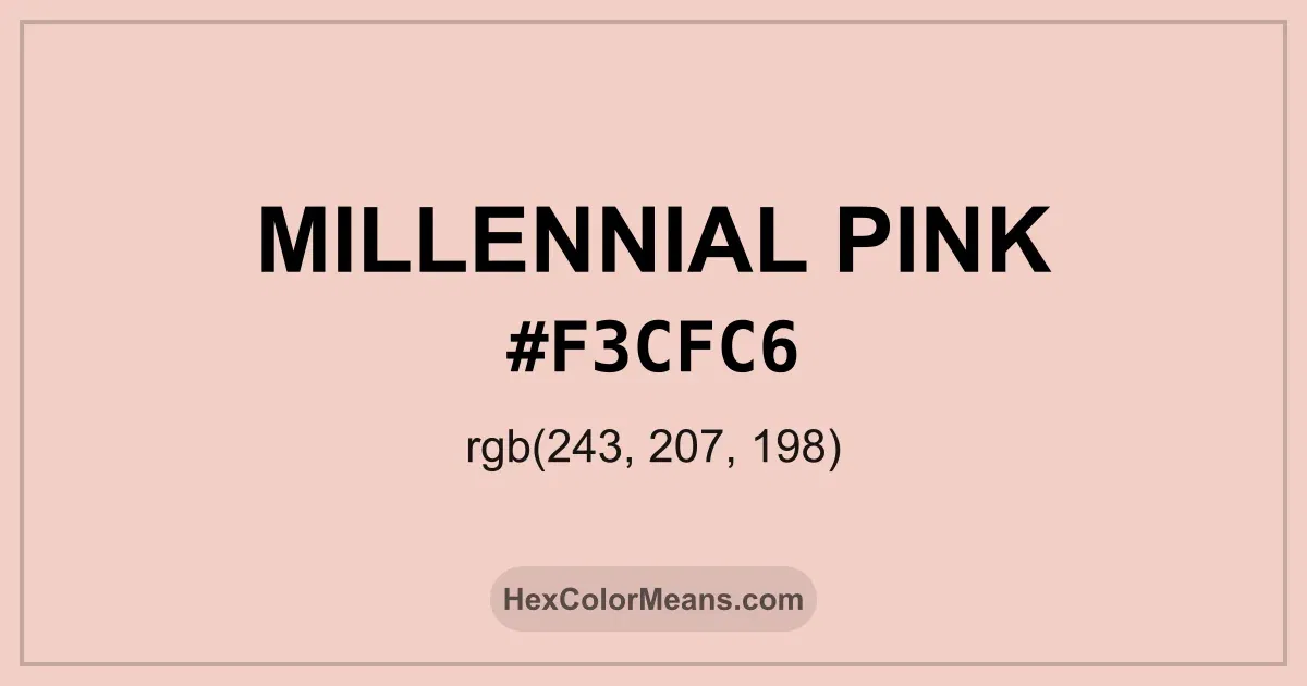 Clear image showing Millennial Pink color swatch with hex value #F3CFC6 and RGB value (243,207,198)