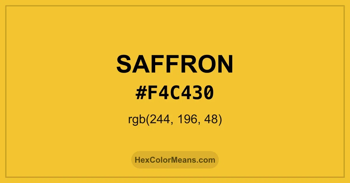 Clear image showing Saffron color swatch with hex value #F4C430 and RGB value (244,196,48)
