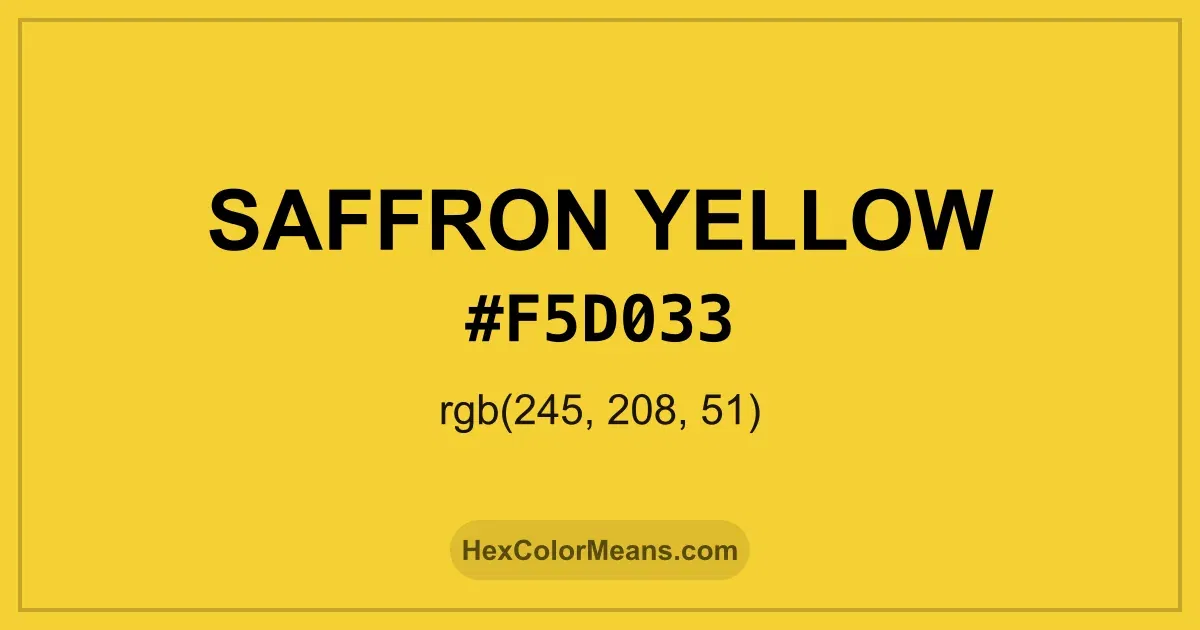 Clear image showing Saffron Yellow color swatch with hex value #F5D033 and RGB value (245,208,51)