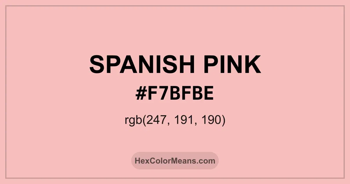 Clear image showing Spanish Pink color swatch with hex value #F7BFBE and RGB value (247,191,190)