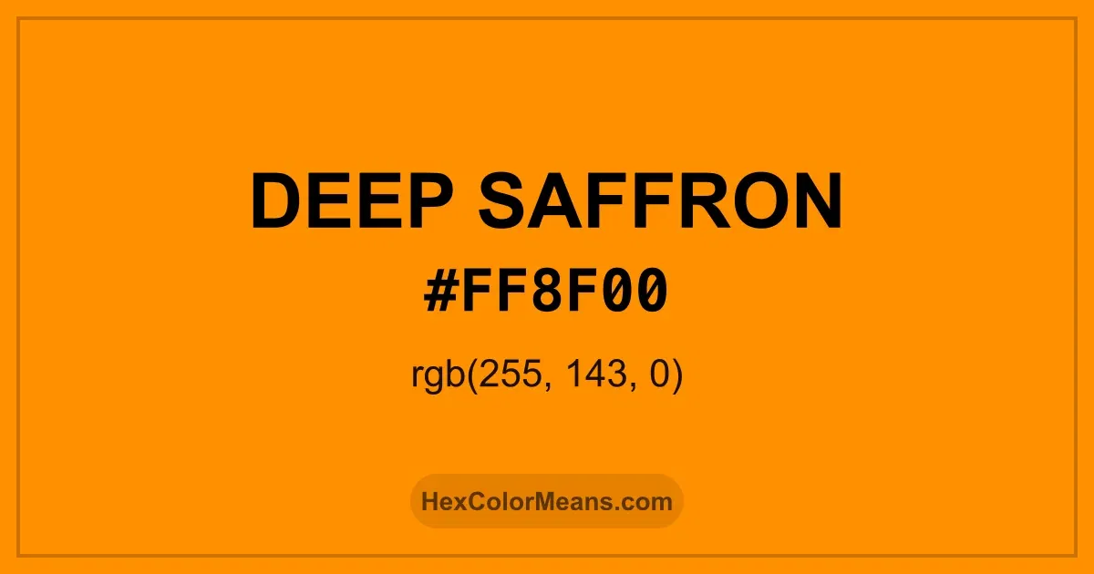 Clear image showing Deep Saffron color swatch with hex value #FF8F00 and RGB value (255,143,0)