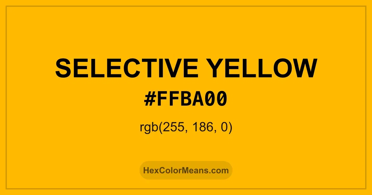 Clear image showing Selective Yellow color swatch with hex value #FFBA00 and RGB value (255,186,0)