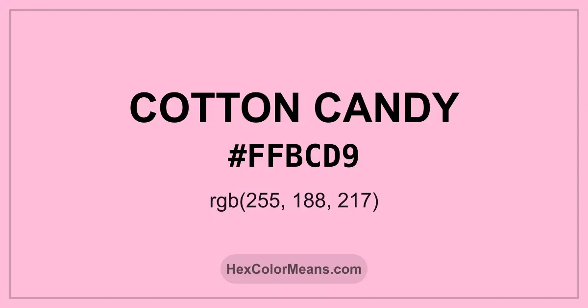 Clear image showing Cotton Candy color swatch with hex value #FFBCD9 and RGB value (255,188,217)